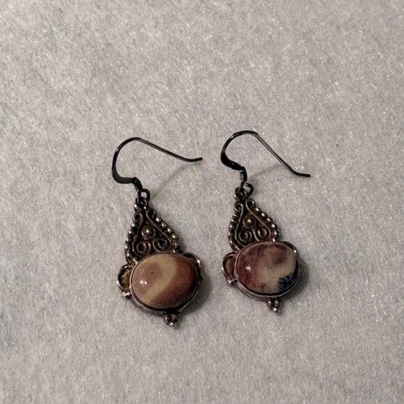 Vintage Intricate Sterling Silver Scroll French Hook Oval Jasper Dangle Earrings - Picture 6 of 7